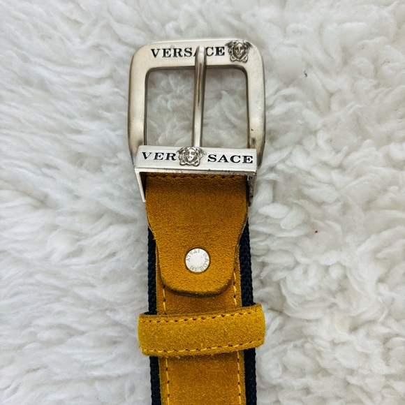 Versace Vtg Yellow Suede Vera Pelle Genuine Leather Belt with Silver Buckle 36 - Picture 2 of 16